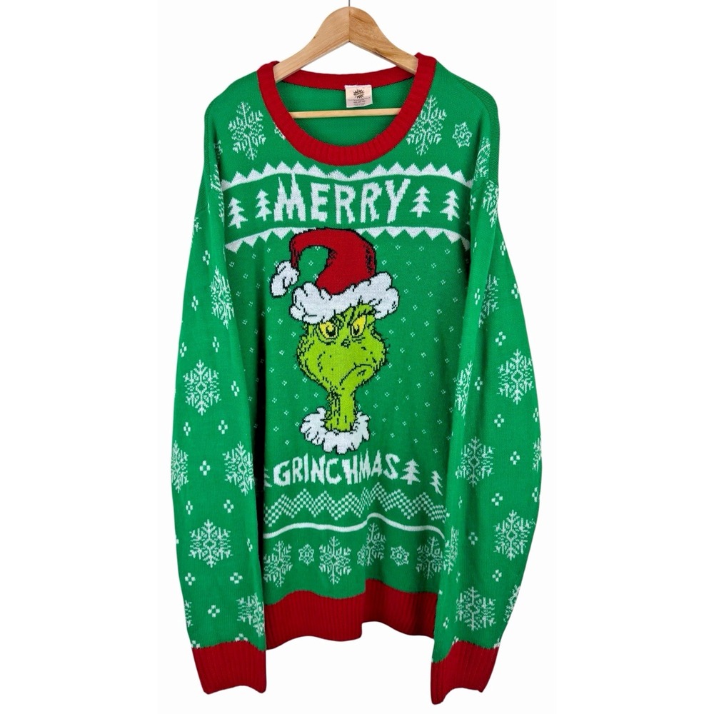 Dr. Suess The Grinch Men's Ugly Christmas Sweater Merry Grinchmas Green Size 3XL